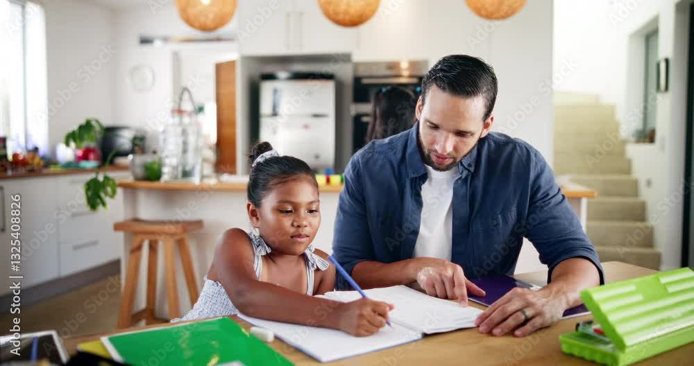 Poster Writing, homework and dad with child in home with notebook for learning, education and lesson. Student, family and young girl with father for development, helping and knowledge for school project
