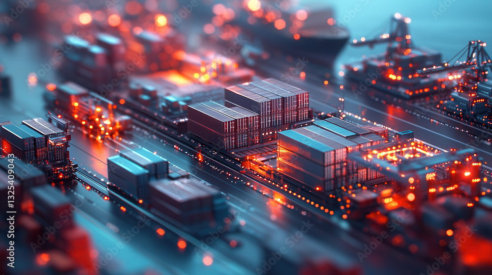 Poster vibrant logistics hub featuring rows of shipping containers and illuminated structures, showcasing b