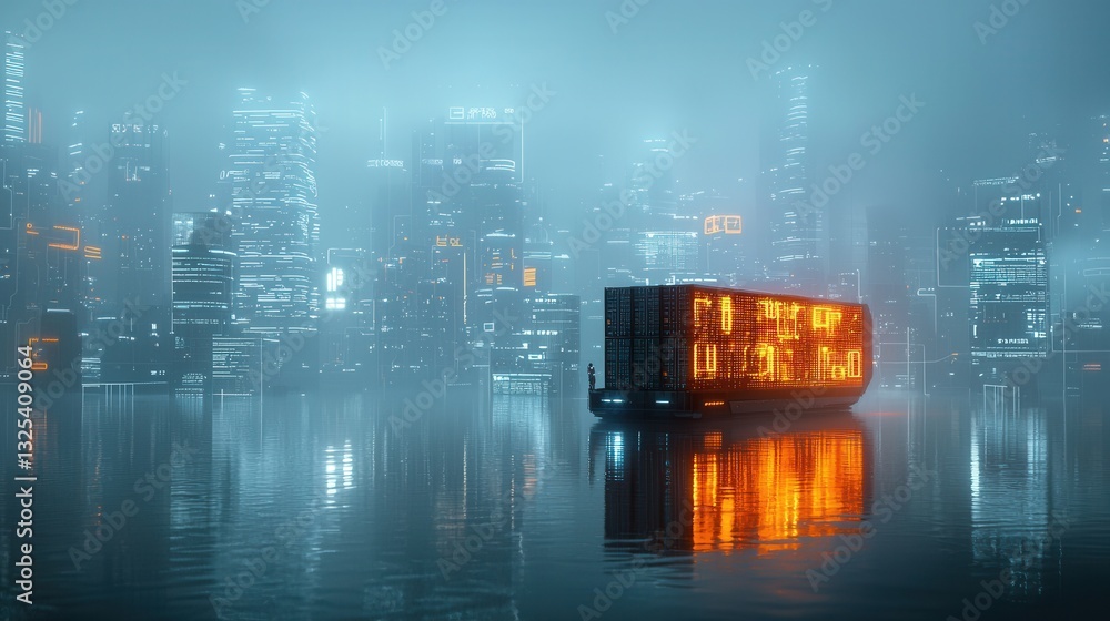 Poster a technologically advanced cargo container ship reflecting in the waters of a mysterious fog shroude