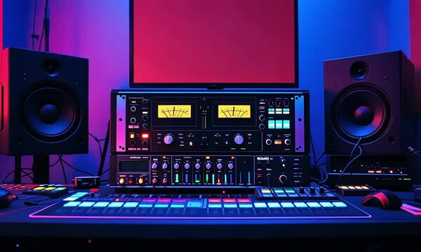 Professional Music Studio Setup with Neon Lighting