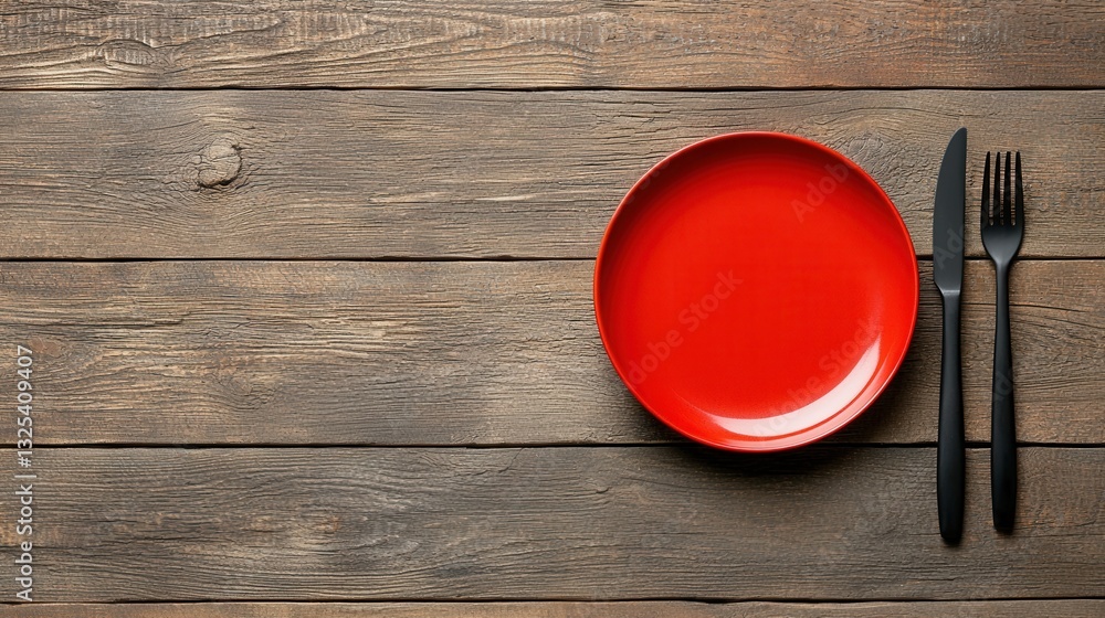 Aufkleber a minimalist top down view showcasing a deep red plate placed on a rustic wooden surface accompanied