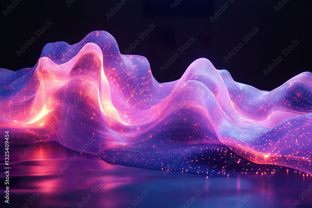 Poster abstract visualization of glowing waves with reflective surfaces creating patterns