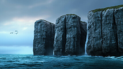 Group of Massive Weathered Rock Formations Emerging from the Turbulent Ocean Waters
