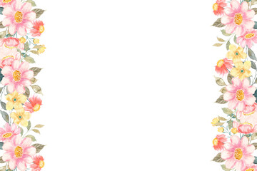 Watercolor flowers background for design. Floral border frame card template.