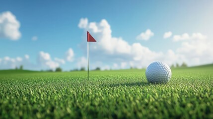Obraz premium Golf ball on the green near the hole with red flag under the blue sky