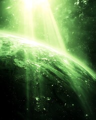 Green Planet Earth Viewed from Space with Sunlight Rays