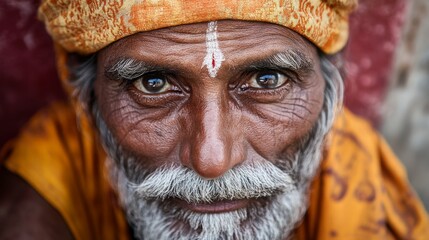 Portrait of an elderly man with deep-set eyes and a vibrant orange turban, showcasing wisdom and experience