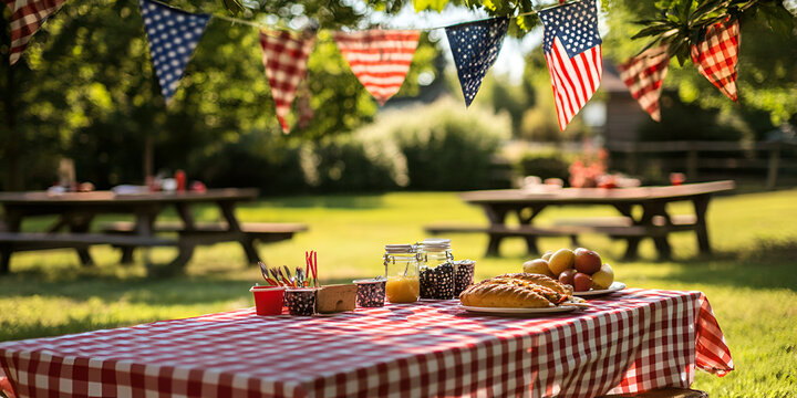 Memorial Day Outdoor Picnic Setup with Flags for Patriotic Celebration
