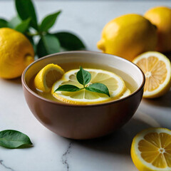 Rustic Lemon slices in a Bowl, surrounded by lemons. cinematic top view Flat lay