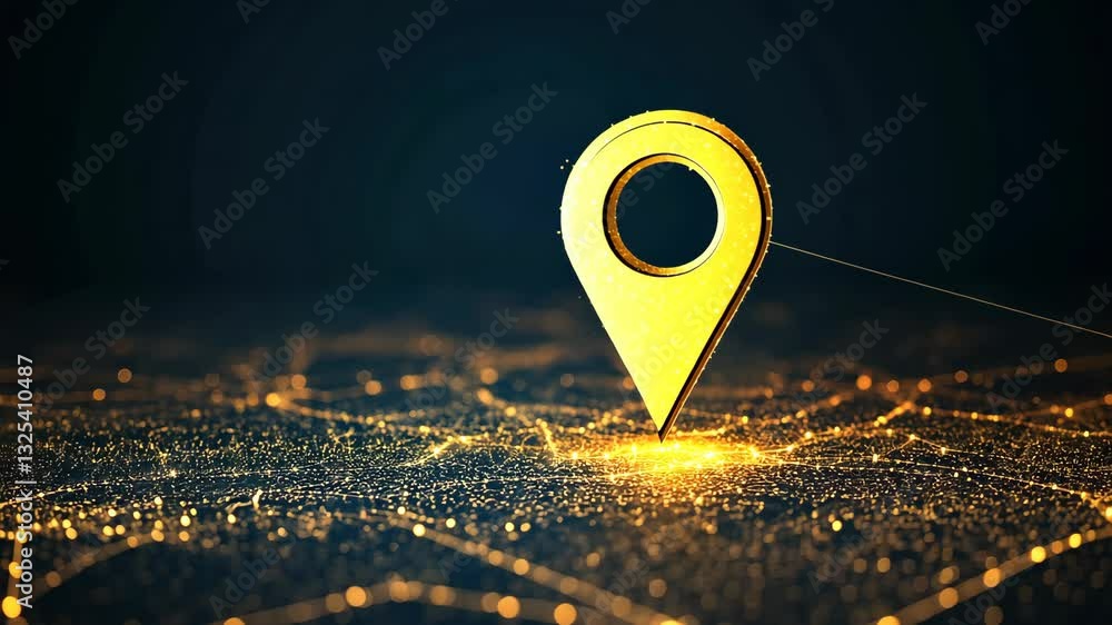 Poster golden location pin popping on digital map grid with glowing network connections