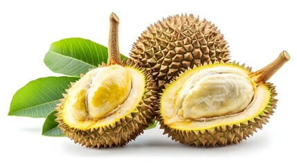 Fototapeta premium Durian fruit with cut in half and leaves