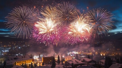 Obraz premium Fireworks lighting up sky on Christmas night A dazzling display of fireworks celebrating Christmas over a snowy town