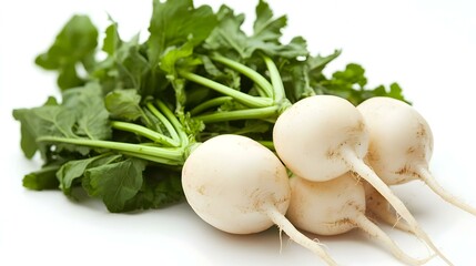 Fresh daikon radishes on white background