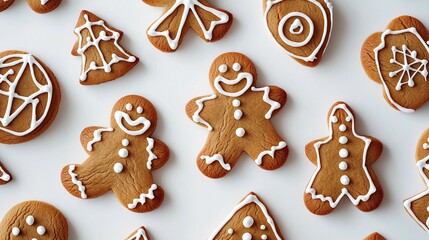 Flat lay of gingerbread cookies decorated white icing festive holiday shapes on a clean white background for a cozy feel