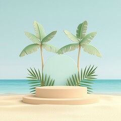 Fototapeta premium Tropical beach scene with palm trees framing sand-textured 3d podium for relaxation against blue sky and water
