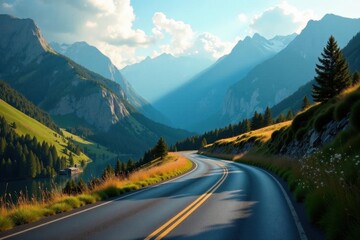 Naklejka premium Serpentine mountain road, soft focus background, peaks, rural, exploration