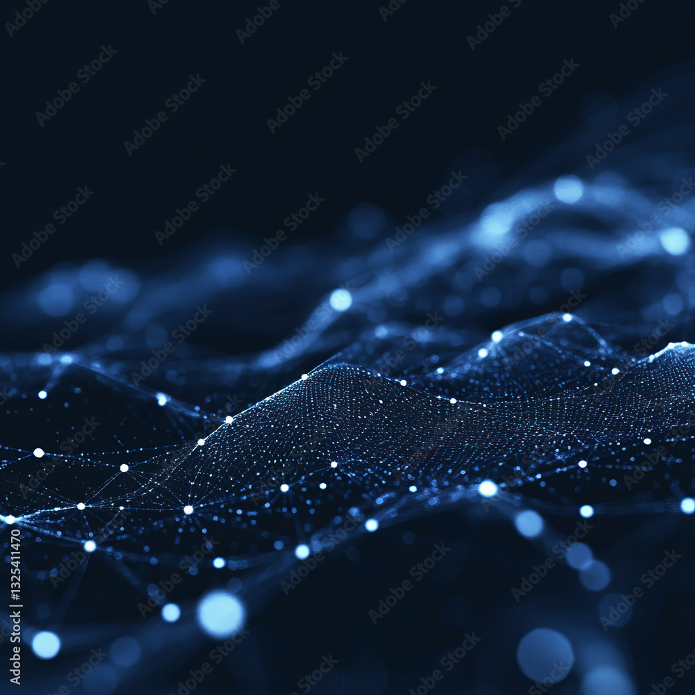 Poster three-dimensional network of glowing points resembling a digital constellation