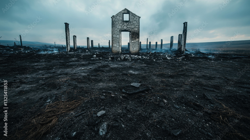 Poster haunting view of charred landscape with remnants of a structure after devastating fire