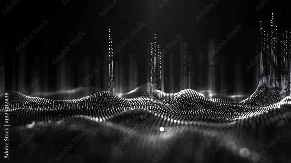 Poster grayscale abstract cityscape formed by luminous dots in a dark futuristic setting