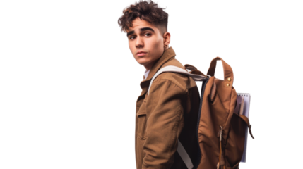 Young student looking over shoulder with backpack on transparent background