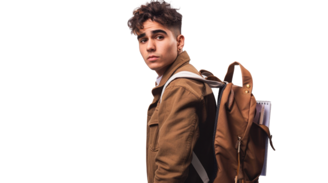 Young student looking over shoulder with backpack on transparent background