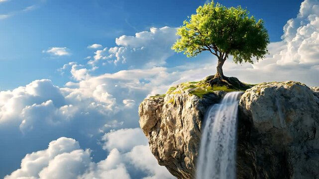 A surreal landscape featuring a solitary tree atop a rocky cliff with a waterfall and clouds. Water from a waterfall flows down from the sky