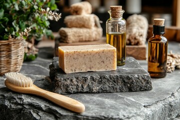 This curated collection of organic bath essentials provides a serene and rejuvenating spa experience right in the comfort of your own home Featuring a handcrafted soap bar, a natural wooden brush for