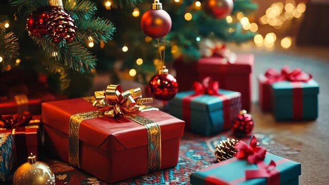 Festive christmas gifts under tree with twinkling lights and ornaments