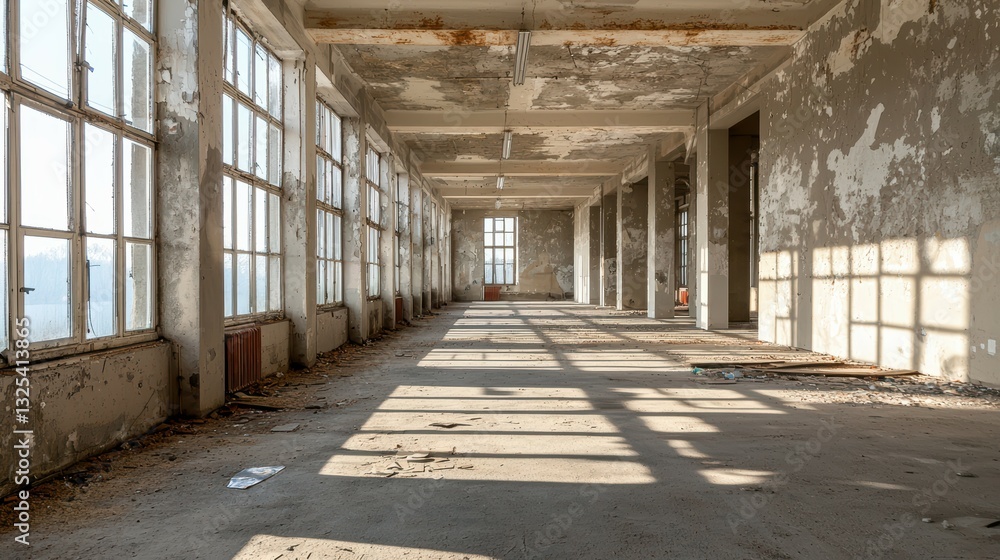 Poster abandoned hallway with sunlight beams filtering through dirty windows in a dilapidated building stru