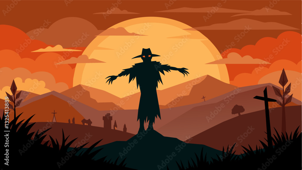 Poster the sun sets behind the hills casting a hazy orange glow over the scarecrows ragged form. it stands 