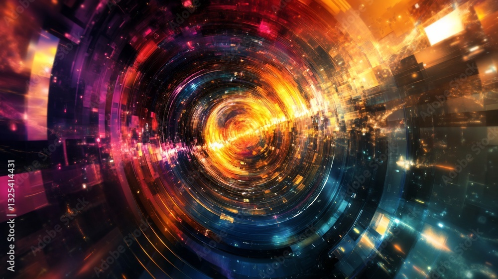 Poster abstract glowing tunnel with vibrant colors and light effects creating a sense of depth and movement