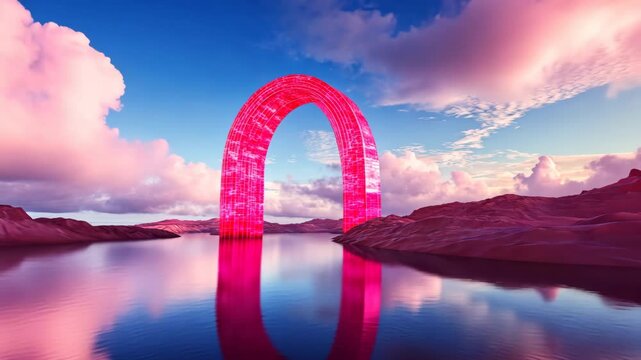 Glowing arch reflecting over serene water in dreamlike landscape at sunset