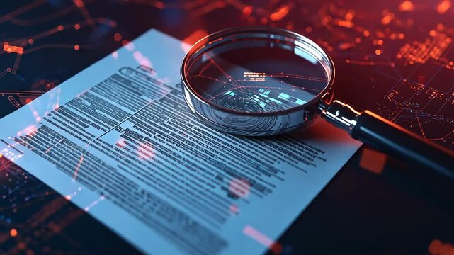 Magnifying glass reveals digital code on document over dynamic network background