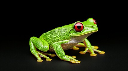 Obraz premium A vibrant green frog with bright red eyes against black background