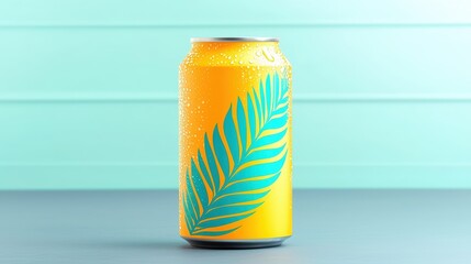 Fototapeta premium Vibrant soda can mockup featuring bright orange and green label design on a reflective surface in a dynamic setting