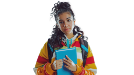 Young student holding a notebook with transparent background