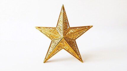 Fototapeta premium Gleaming golden star tree topper detailed engravings set alone on a white background for a minimalist effect