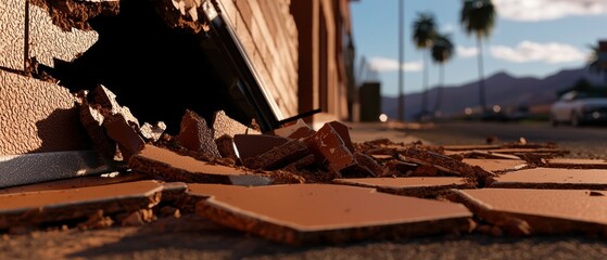 Obraz premium Crumbling Facade on a Hot Day near an American City Street with Palm Trees in the Distant Background Scene