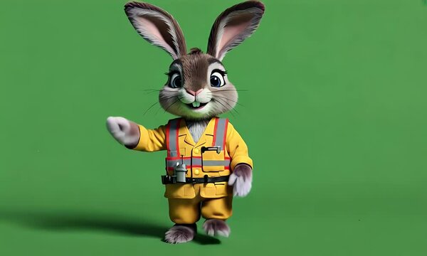 a cheerful rabbit in a bright construction uniform performs rapid tap dance steps with stylish shuffles on green screen