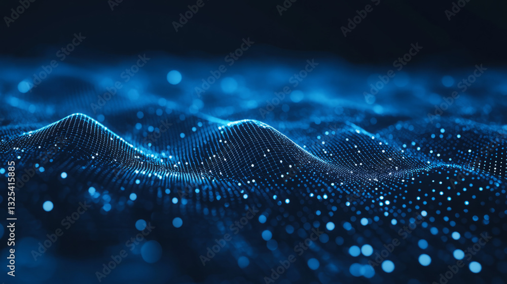 Poster abstract digital grid with glowing blue nodes and undulating surface