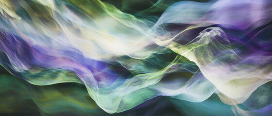 Fototapeta premium Abstract 4K background with flowing motion effect creating streaks of green, purple, and cream colors against dark background. Generative AI