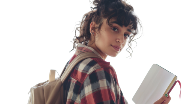 Young student holding a book and looking over shoulder on transparent background