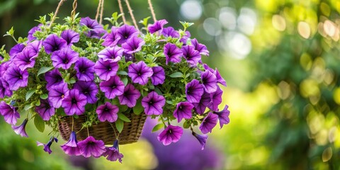 Obraz premium Lush purple petunias cascading from a hanging basket with green foliage , petunias, hanging basket, flowers, purple, lush