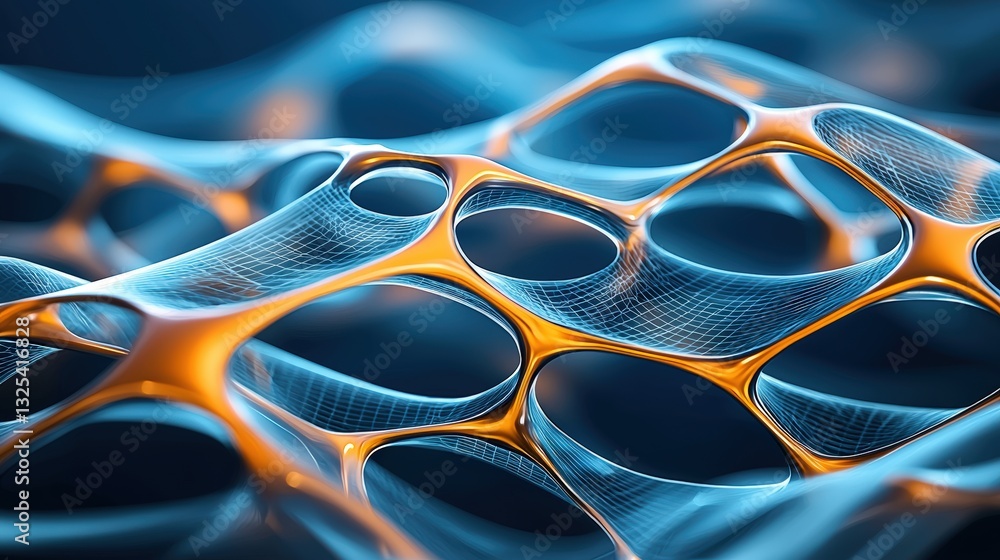 Poster abstract background in blue and orange with futuristic elements representing self-building structure