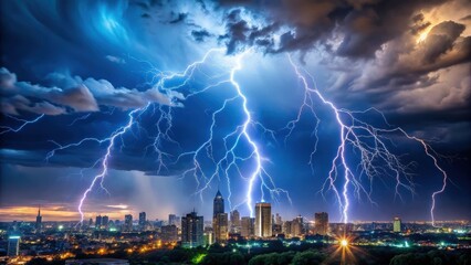 A powerful and electrifying lightning bolt storm illuminating the dark sky over a cityscape ,  lightning, bolt, storm