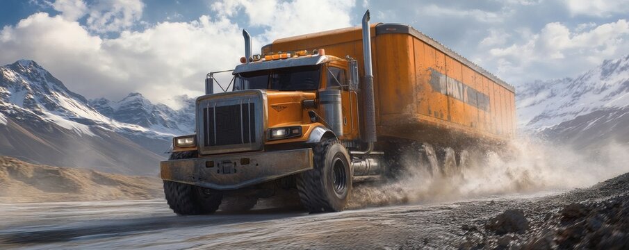 An oversized orange truck traverses a rugged mountainous landscape road