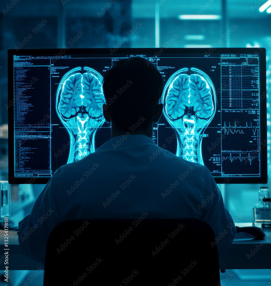 Poster a doctor looking at a high-resolution x-ray scan of a human skull and cervical spine on a computer d