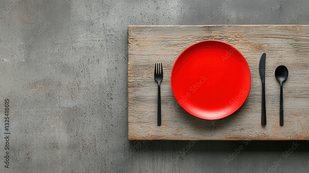Aufkleber a visually captivating dining setup featuring a deep red plate black flatware and a simple wooden ta