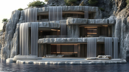 Cliffside Waterfall House 3D Illustration