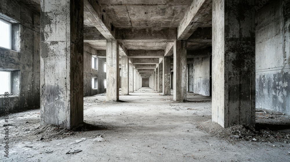 Poster interior perspective of dilapidated structure featuring repeating columns and beams in an abandoned 